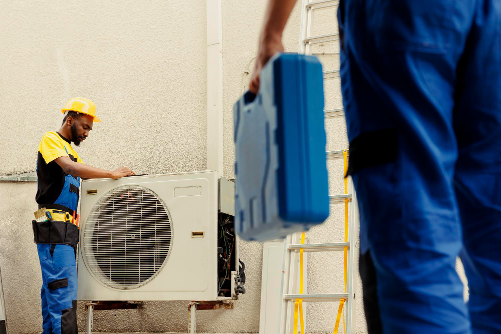 Techniciens sur pompe à chaleur